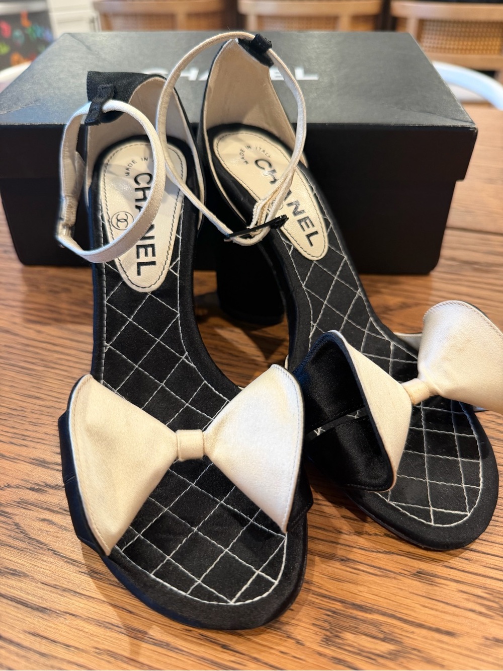 Chanel Black & Ivory Satin Bow Ankle Strap Heels Size 36